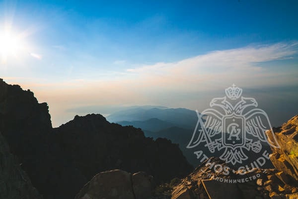 Panoramic view from the top of the Holy Mountain on Mount Athos